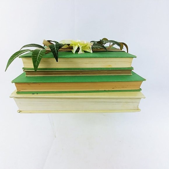 Book Stack Hardcover Ribbon Wrapped Floral Topped Reclaimed Books Set of 4 - Picture 5 of 8